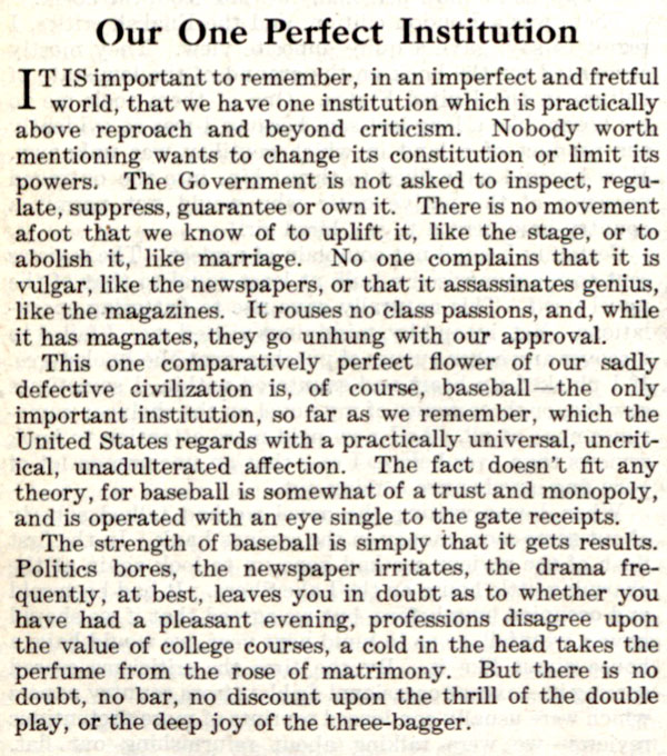 The original editorial, "Our One Perfect Institution," that ran in The Saturday Evening Post's October 31, 1908 issue.