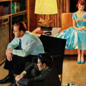 Father watching TV with his daughter's date.