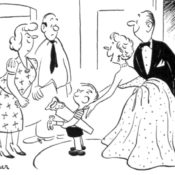 A babysitting couple is left with their friends trouble child, who is holding a saw and a hammer.