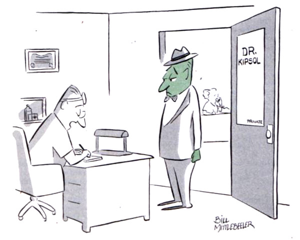 A green-faced patient walks into the doctor's office.