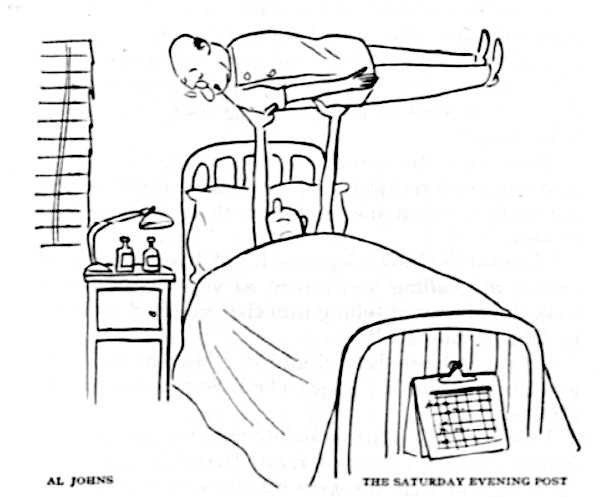 Patient lifting his doctor over the bed.