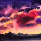 Watercolor painting of clouds over a country river at dusk