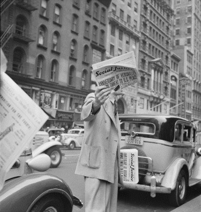 Man selling Charles Edward Coughlin's Social Justice newspaper