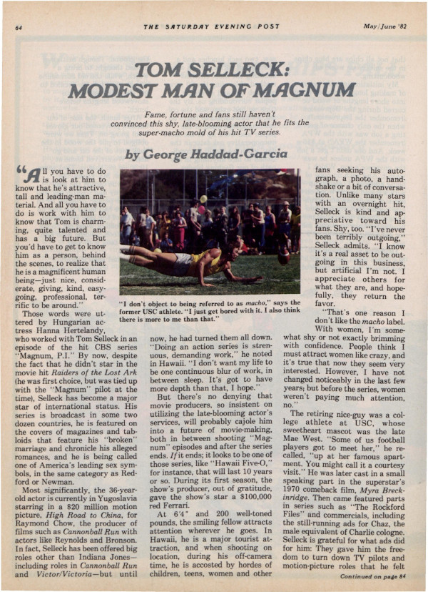 First page of the article "Tom Selleck: Modest Man of Magnum"
