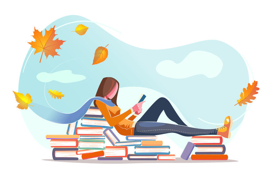 Woman reading on a pile of books as fall leaves float by in the wind.