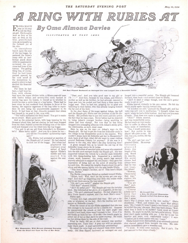 The first page of the short story "A Ring with Rubies At" as it appeared in the Saturday Evening Post