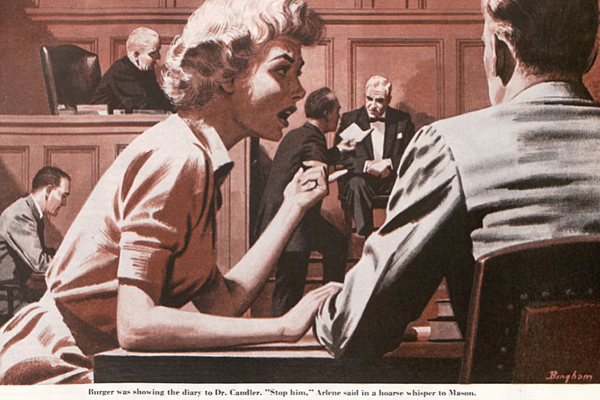 Woman talks to her lawyer during a trial