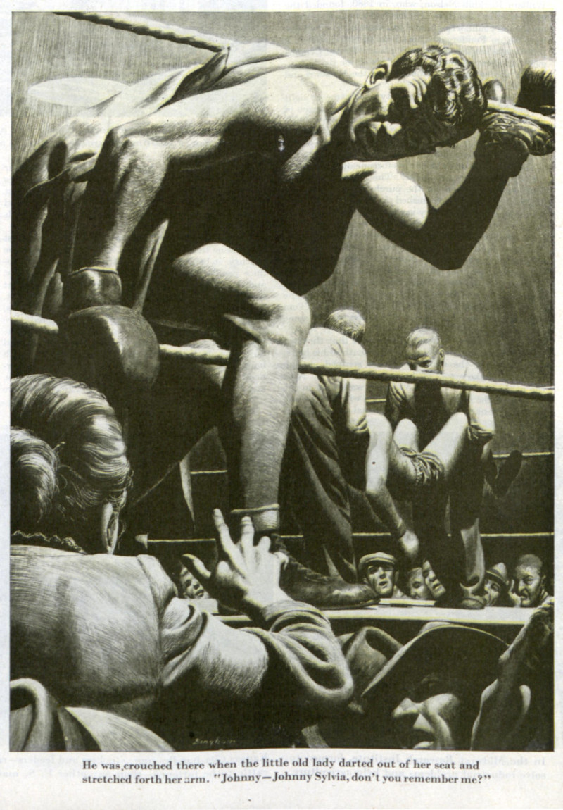 An elderly woman tugs at a boxer while he is in the ring