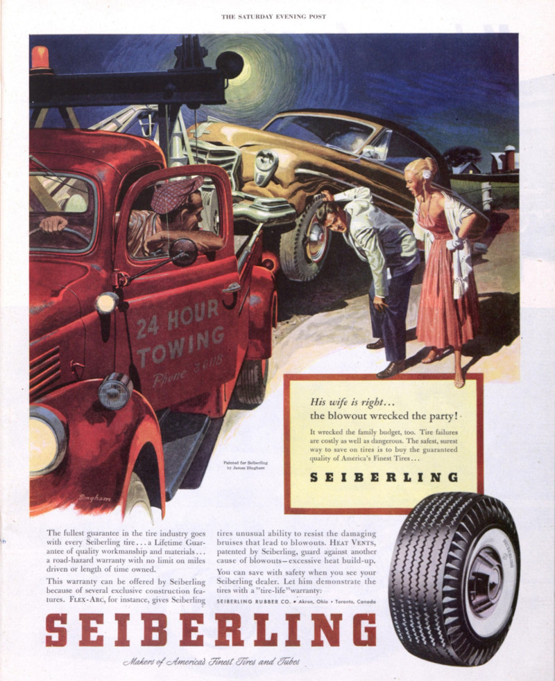 Advertisement for Seiberling Tires that James Bingham drew. A car is towed in the middle of the night.