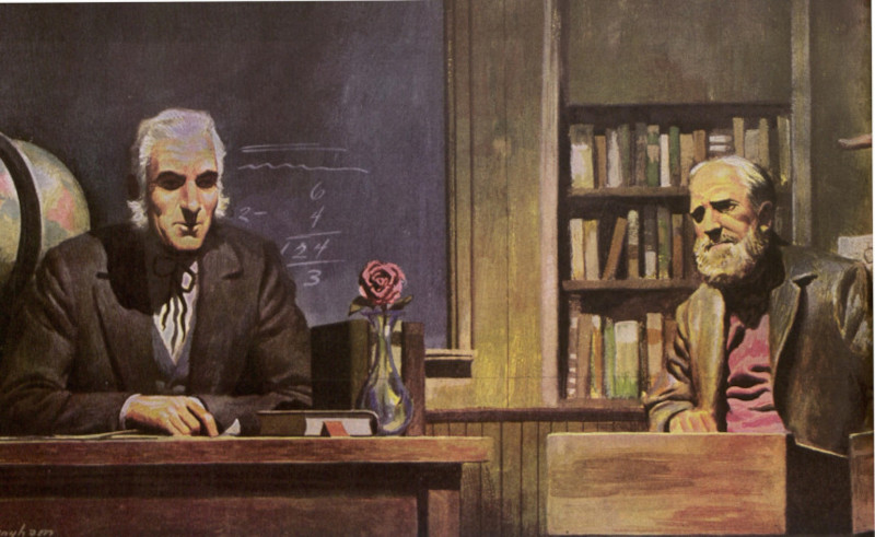 Two old men sit in a classroom