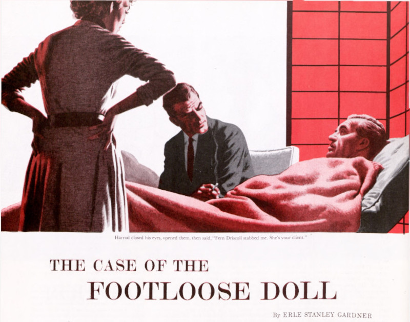 Opening illustration for the short story, "The Case of the Footloose Doll"