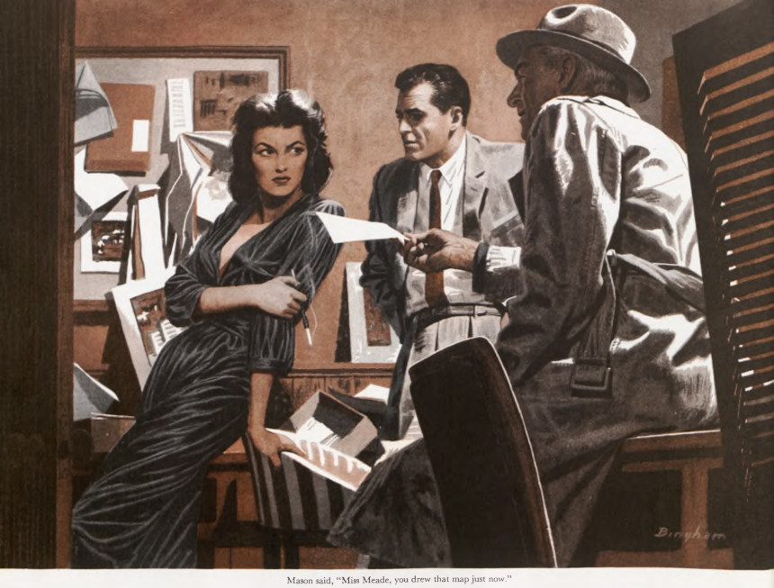 Two detectives talk to a woman in a noir illustration