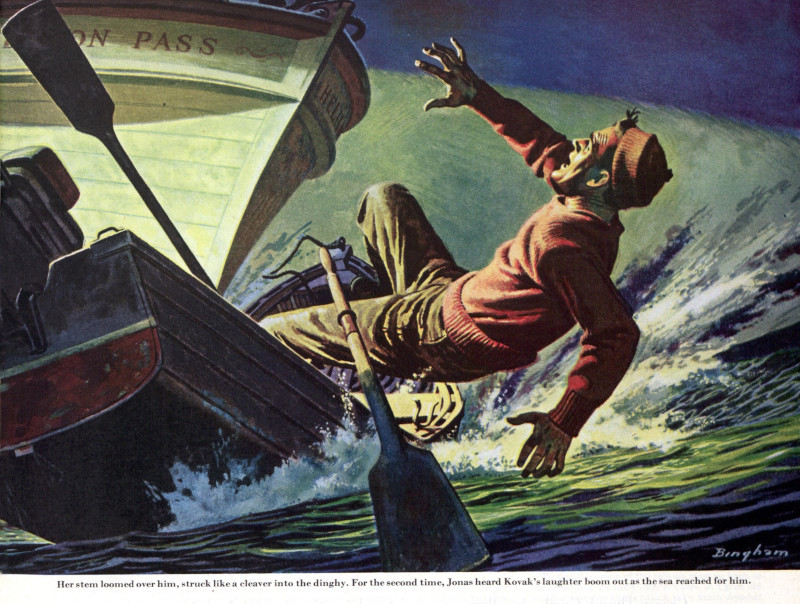 A man crouches in terror as a ship rams the harbor