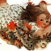 Drawing of a happy young girl resting in roses