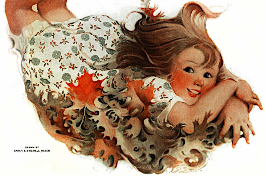 Drawing of a happy young girl resting in roses