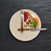 A plate of food and silverware arranged to look like a clock face and hands