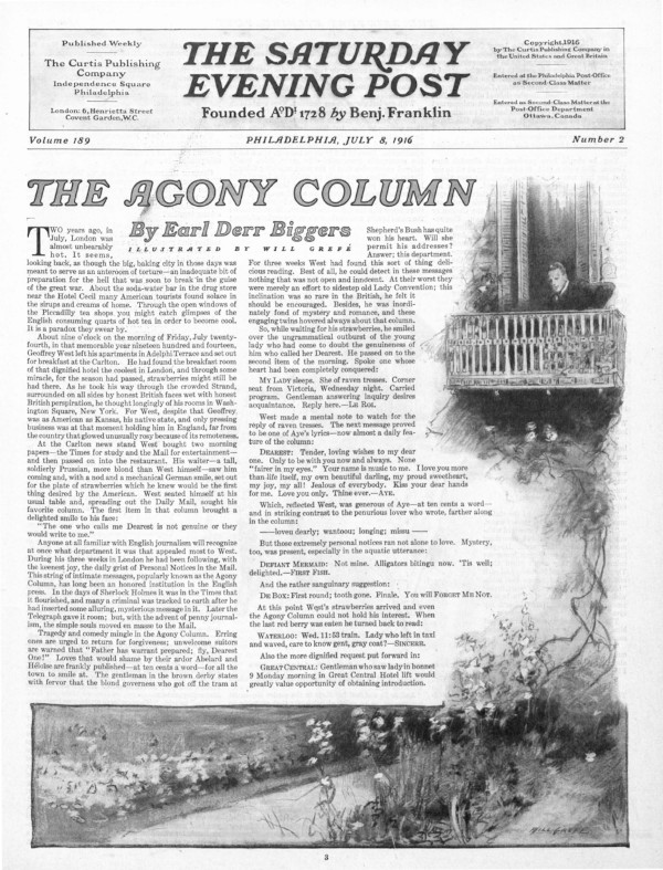 The first page of the story "The Agony Column" as it appeared in the Post