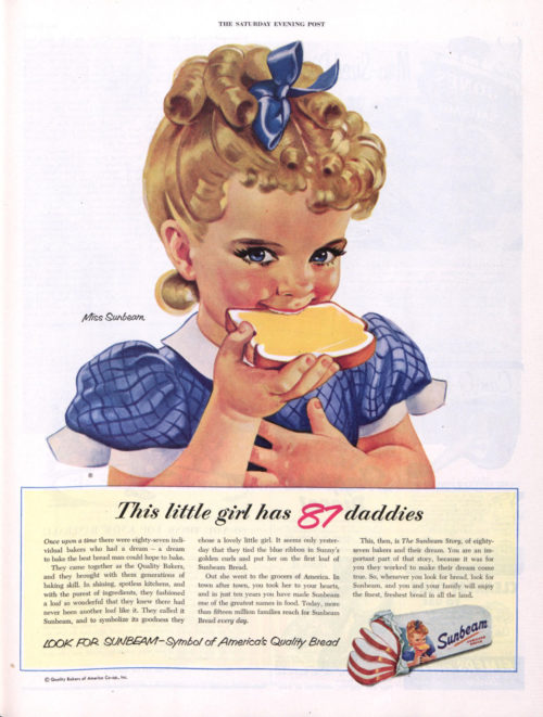 Vintage Sunbeam Bread ad featuring the girl biting a piece of bread