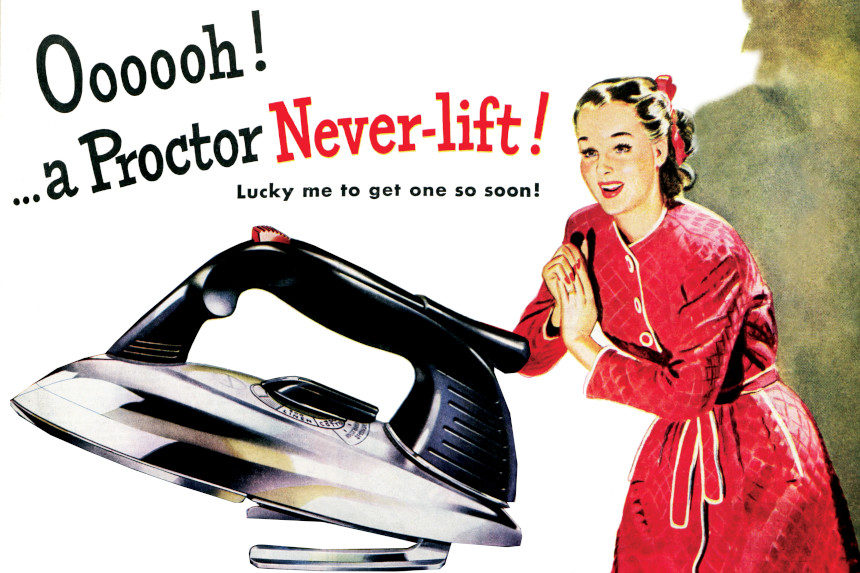 Woman happy that she got a iron for Christmas in this magazine ad