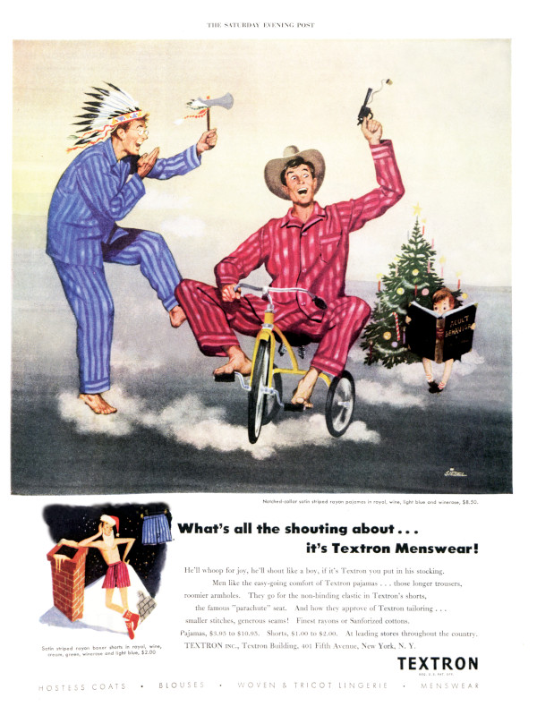Magazine ad of two grown men playing cowboy and indians