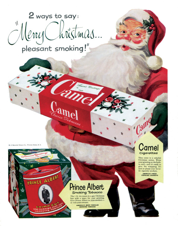 Santa Claus holding a package of Camel cigarettes