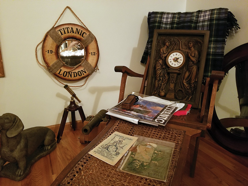 A sample from Christie Seyglinski's Titanic memorabilia collection, including a pamphlets, a clock and a small cannon.