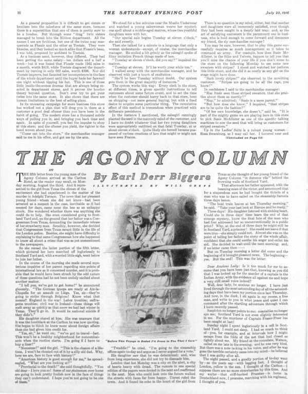 First page of the short story "The Agony Column - Part 3" as it appeared in the magazine.