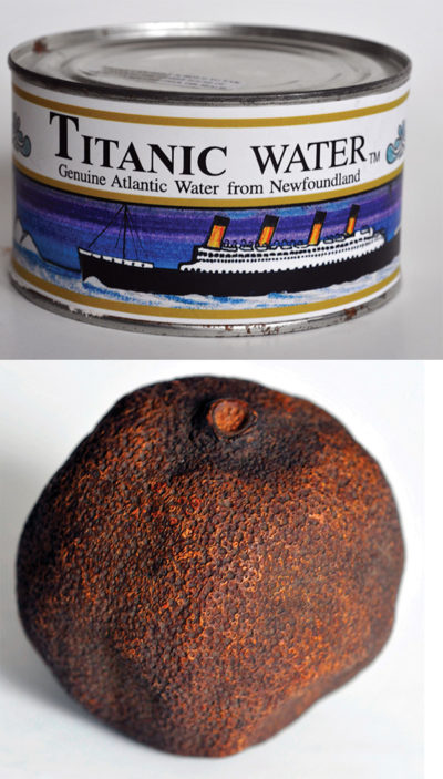 A can of water taken from near the Titanic, and an orange found in the wreck.