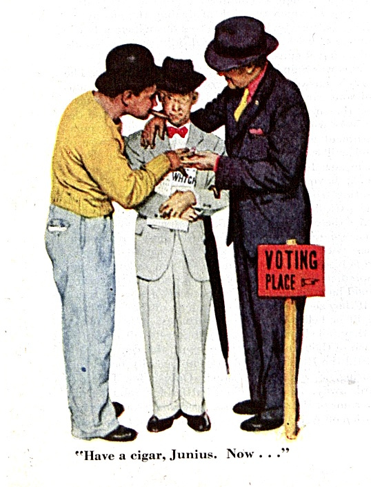Campaign workers offering a man a cigar outside a polling place