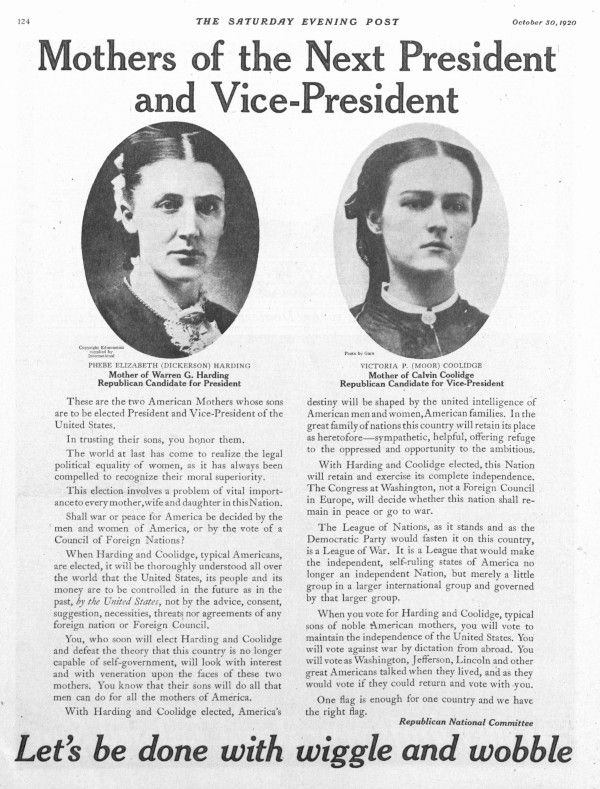 Full page advertisement for the Warren Harding campaign, featuring the mothers of the President and Vice-President