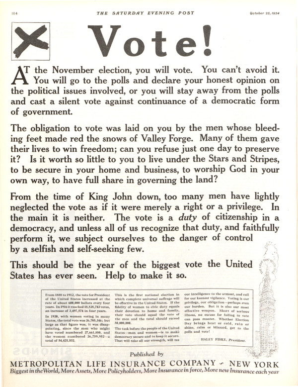 Full page ad by the Metropolitan Life Insurance Company asking readers to vote in an upcoming election