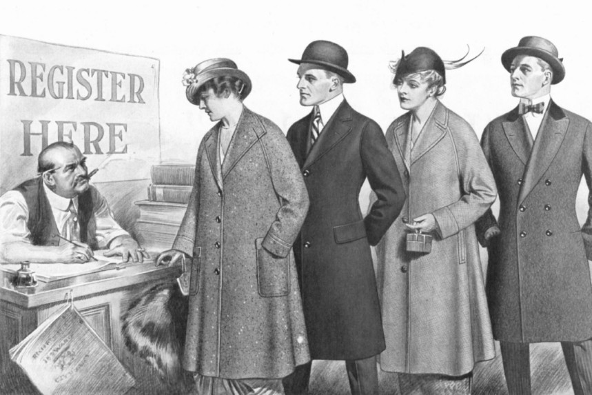 Advertisement during election season, featuring a queue of voters at the ballot box