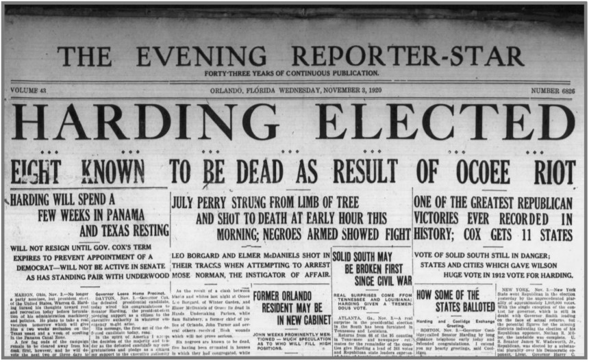 The front page of the Evening Reporter-Star the day after the Ocoee Massacre