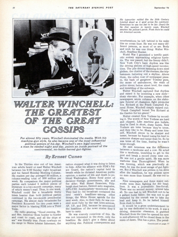 First page of the article "Walter Winchell: The Greatest of the Great Gossips" as it appeared in The Saturday Evening Post