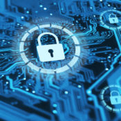 A padlock icon on circuitry