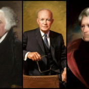 Official White House portraits of John Adams, Dwight Eisenhower and Andrew Jackson