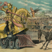 Puck political cartoon showing a small knight on a donkey attempting a joust with a large, golden night on a horse wearing armor that resembles a train.