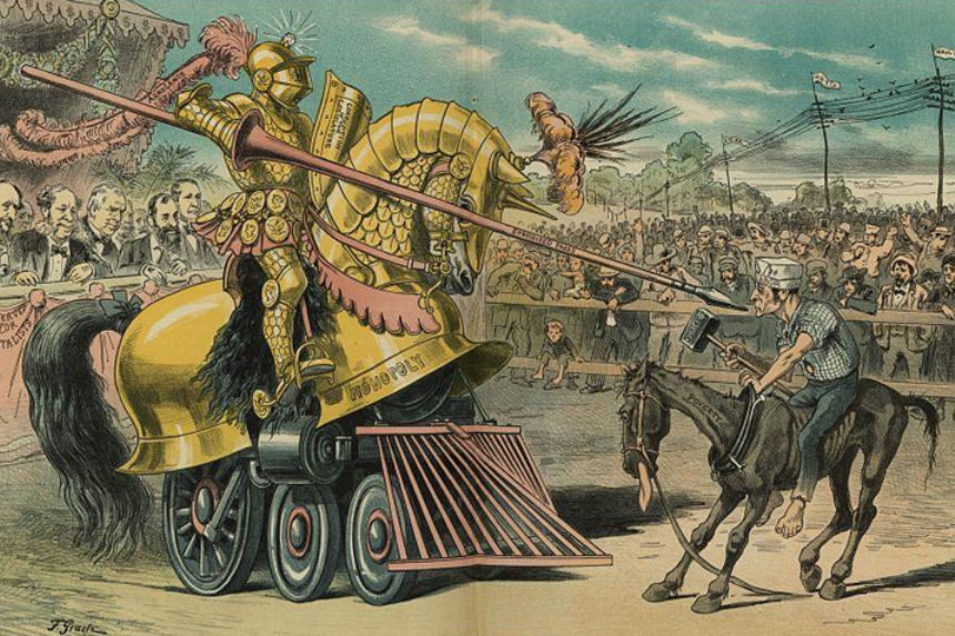 Puck political cartoon showing a small knight on a donkey attempting a joust with a large, golden night on a horse wearing armor that resembles a train.