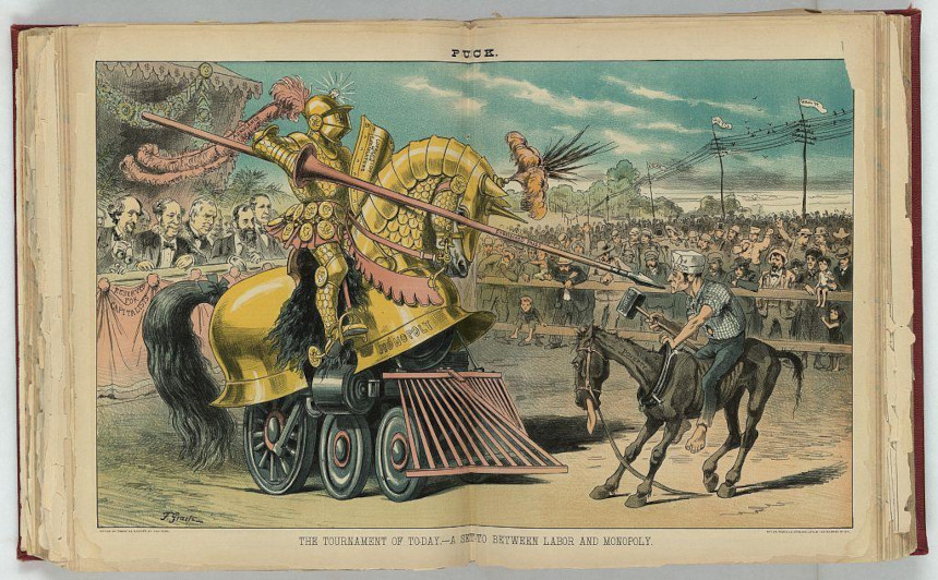 Puck political cartoon showing a small knight on a donkey attempting a joust with a large, golden night on a horse wearing armor that resembles a train.