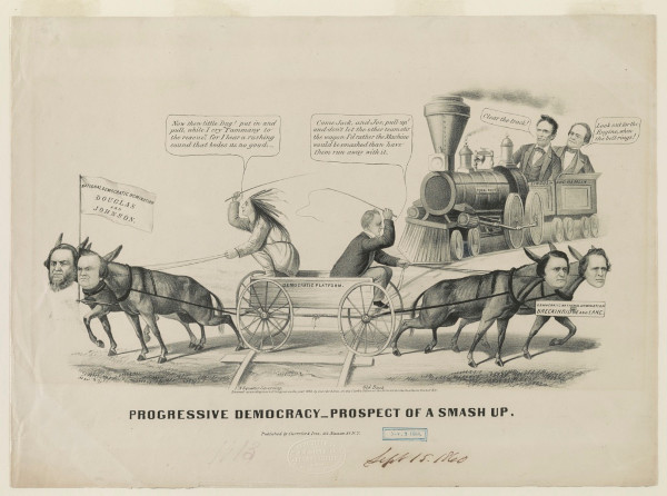 A political cartoon depicting the tension and divisions of 1860 America during the presidential election
