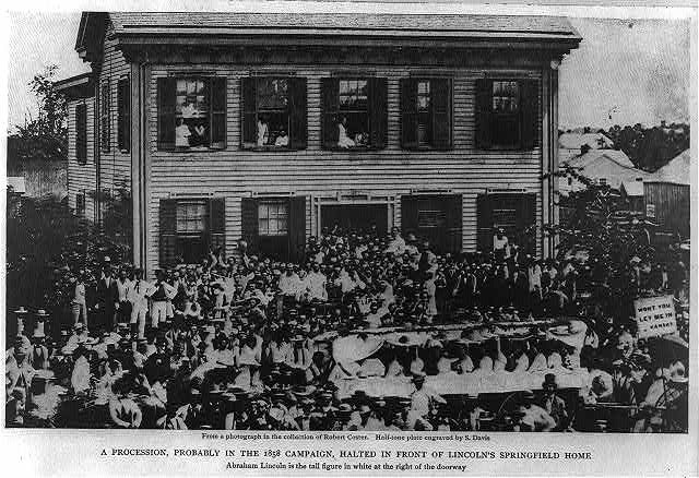 Abraham Lincoln meets supporters at a rally outside his home in Springfield, Illinois