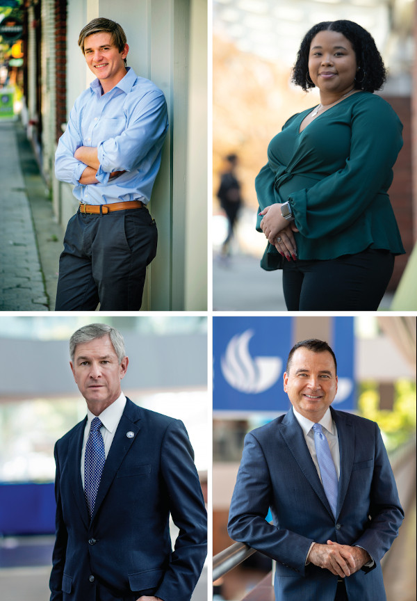 GSU students Greyson Walldorff and Savannah Torrance; GSU president Mark Becker; and teacher Tim Renick