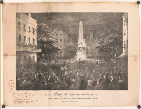 Illustration showing an anti-Republican mob raising the Gasden Flag in Savannah Georgia 
