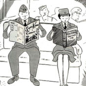 Servicewoman reading a military manual; serviceman reading comics.