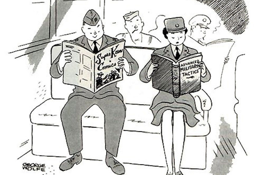 Servicewoman reading a military manual; serviceman reading comics.