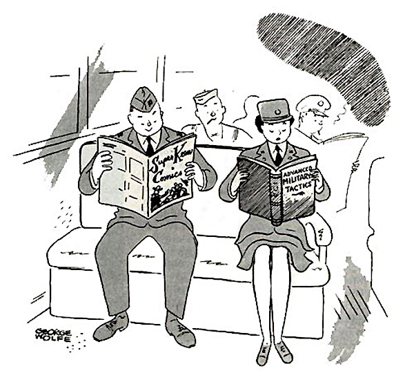 Servicewoman reading a military manual; serviceman reading comics.