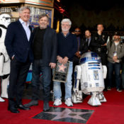 George Lucas, Harrison Ford and Mark Hamill at a induction ceremony at the Hollywood Walk of Fame