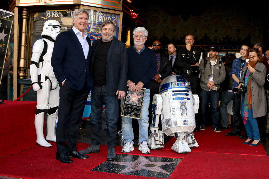 George Lucas, Harrison Ford and Mark Hamill at a induction ceremony at the Hollywood Walk of Fame