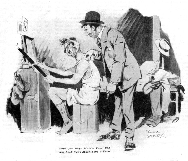 Illustration of a man in a suit speaking to someone who is in their pajamas