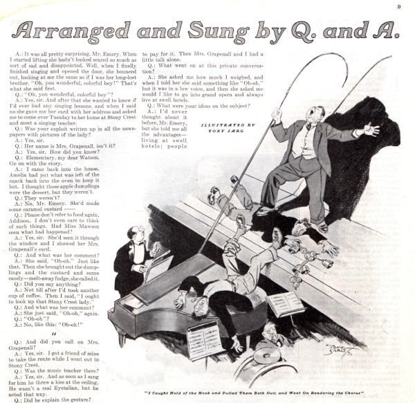 First page of the short story "Arranged and Sung by Q. and A." that has an illustration by Tony Sarg